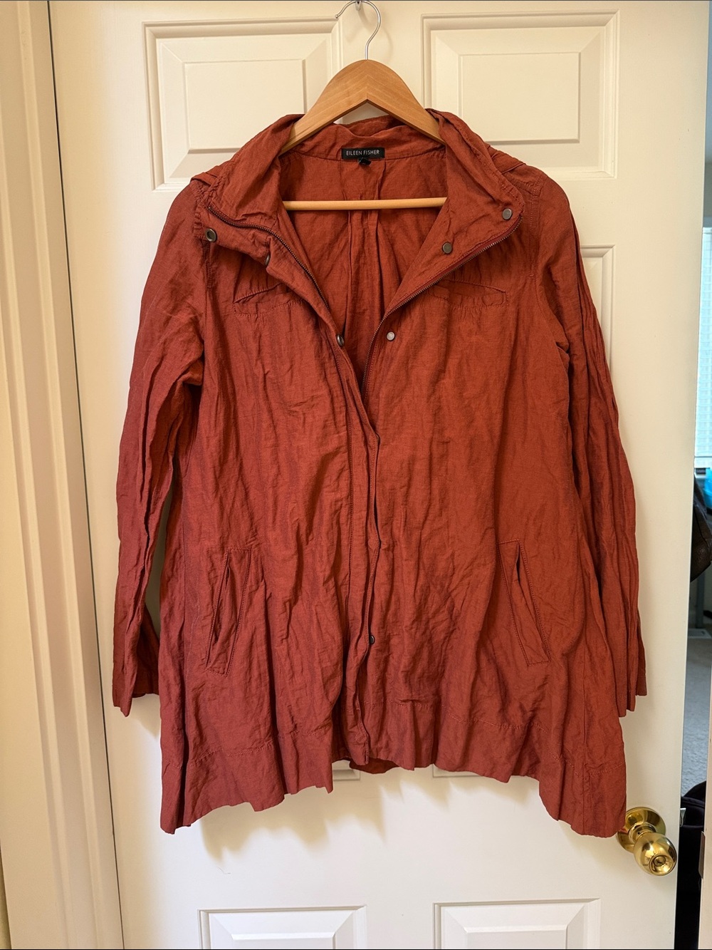 EUC Eileen Fisher Crinkle Hooded Utility Jacket Terracotta Earthy - Small